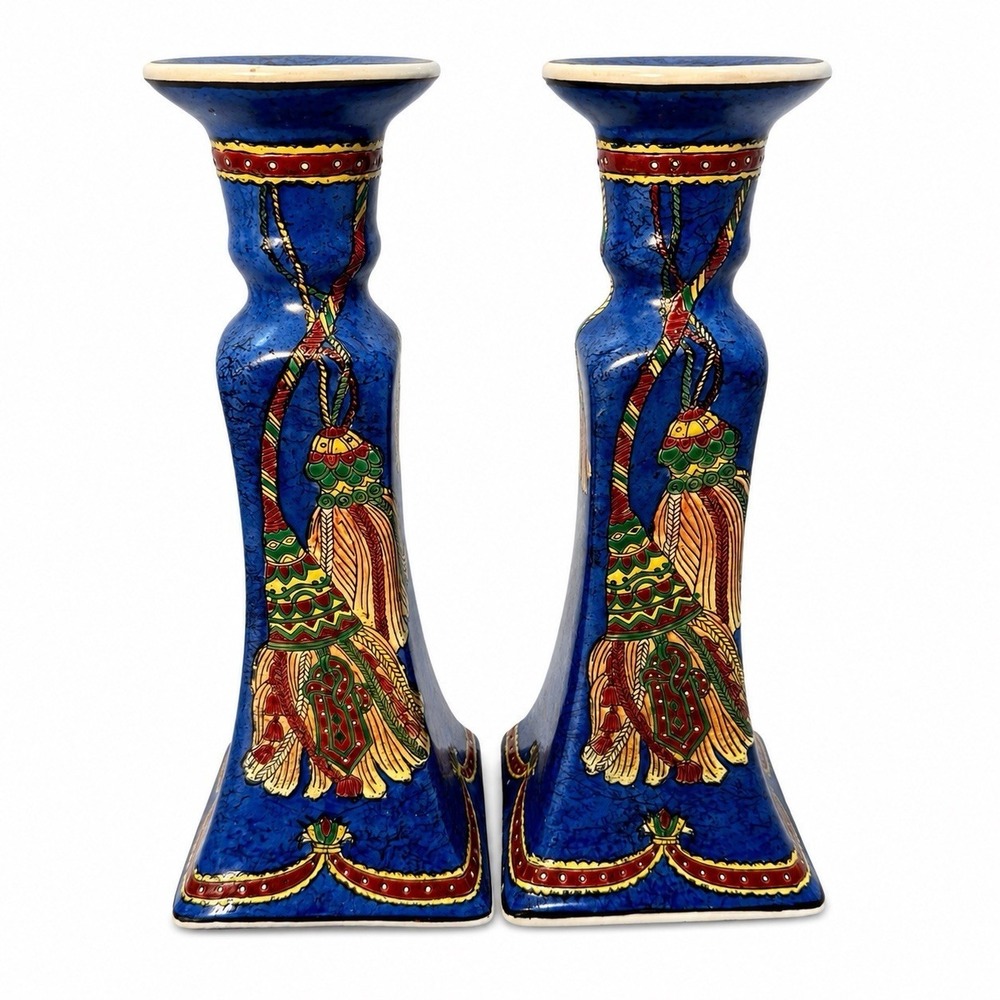 VTG Blue Cloisonne Porcelain Candlestick Holders Pair Chinese 8" Candle Crackle